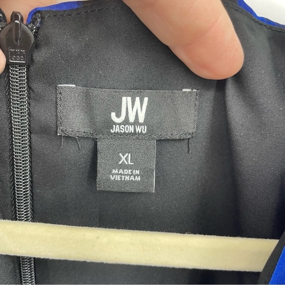 Jason Wu Shift Dress Ruffle V-Neck Black Blue Floral Lightweight Tie Waist XL - Picture 2 of 8